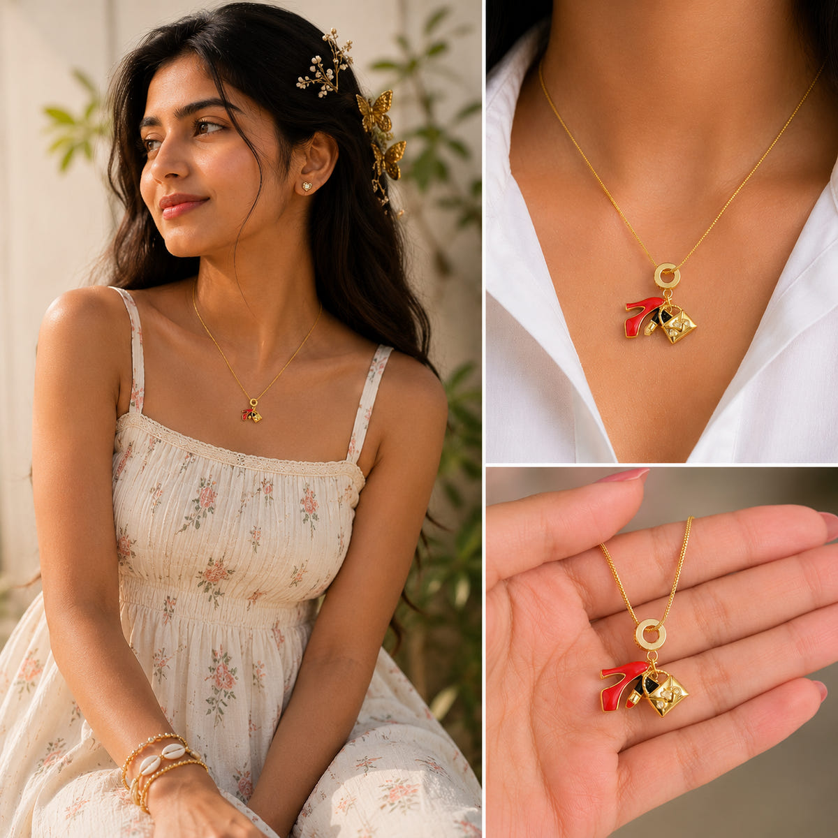 Anti-Tarnish Shoe and Lipstick Necklace (Gold)