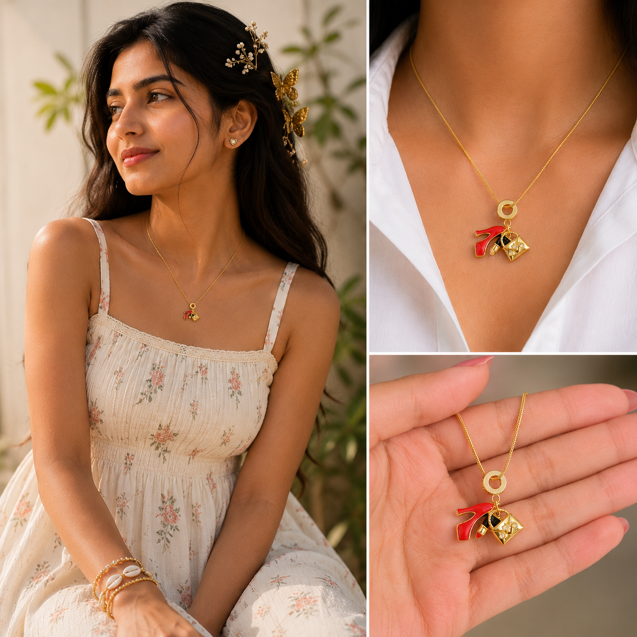 Anti-Tarnish Shoe and Lipstick Necklace (Gold)
